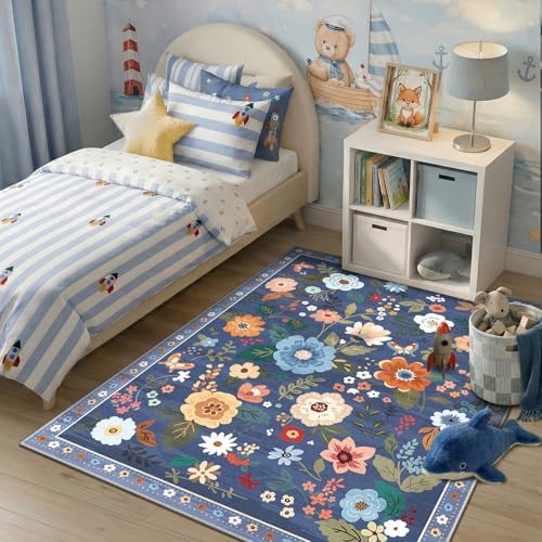 RELEANY Floral Washable 5x8 Area Rugs Blue/Grey - Image 2