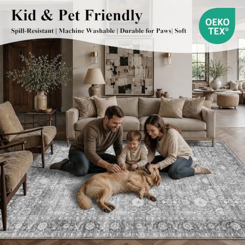 JOOJA 5x7 Grey Vintage Washable Area Rug, Soft Low Pile Living Room Rug - Image 7