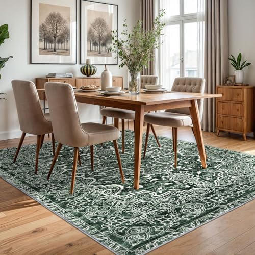 KUTA Vintage Area Rug 5x7 Dark Green Washable Floral Rugs - Image 4
