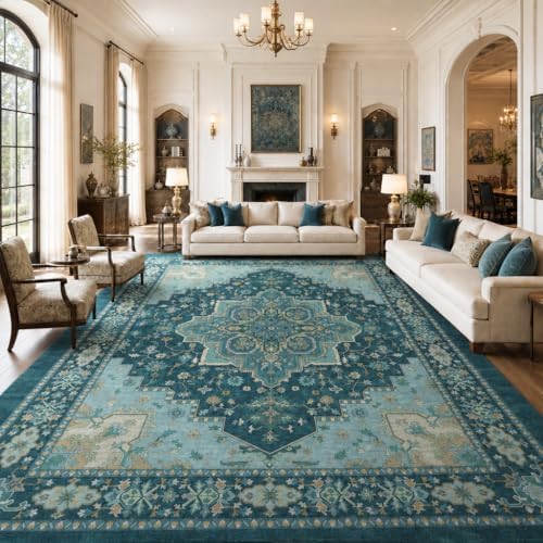 Amada Vintage Washable Area Rug, Teal Blue - Image 2