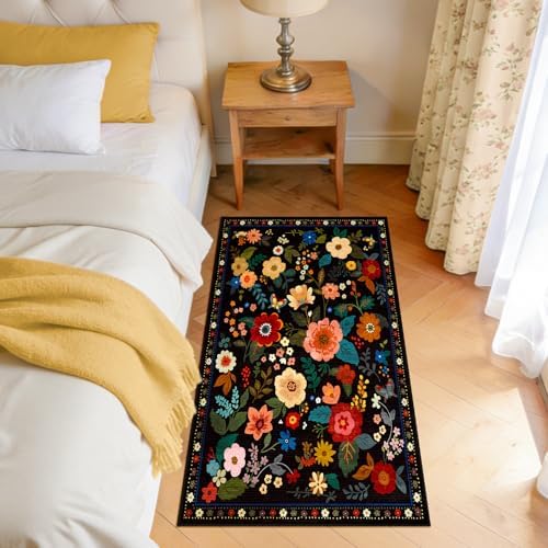 Floral Washable 2x4 Area Rugs Runner Entryway Hallway Black - Image 3