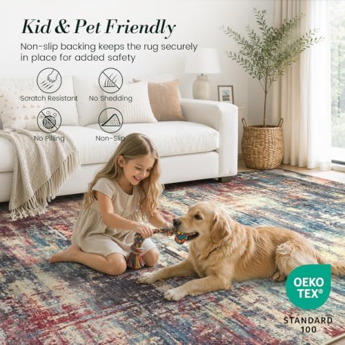 6x9 Washable Area Rug for Living Room, Rust Red and Slate Blue - Image 6