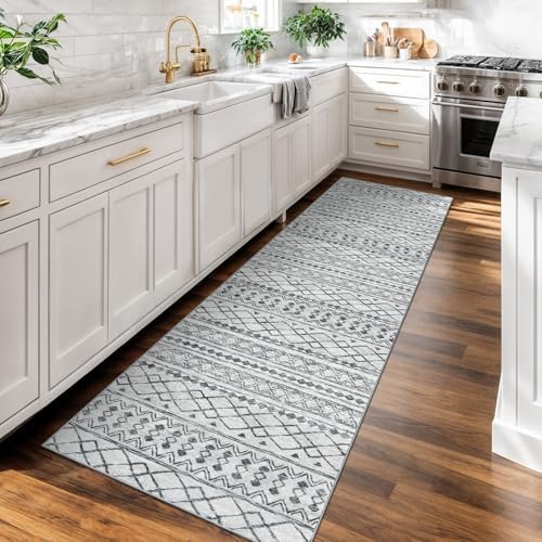 KUTA Boho Washable Runner Rug 2x7 Grey White Moroccan - Image 3