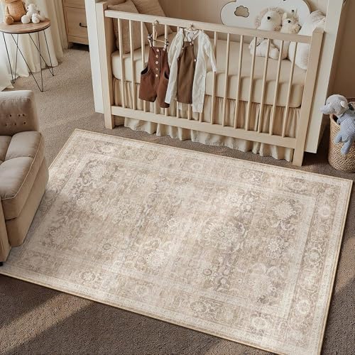 HUGEAR Beige Washable 3x5 Area Rugs by HUGEAR