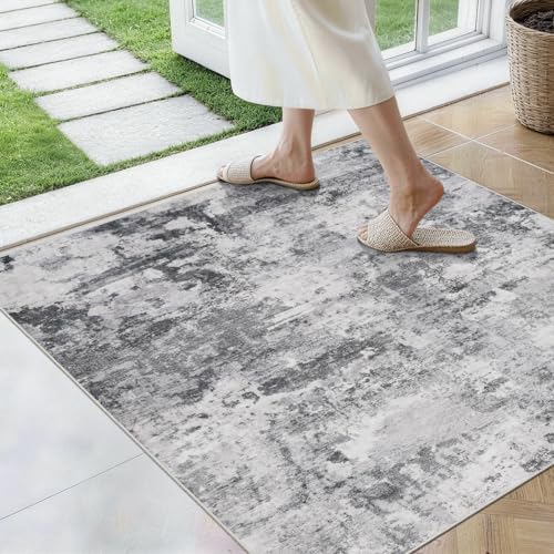 HILORUUG 3x3 Rug Square Washable: Non Slip Abstract Entry Runner Black Grey by HILORUUG