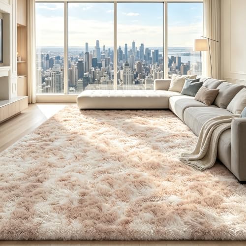 Mottled Beige 9x12 Area Rugs for Living Room, Fluffy Shag Rug Large Carpet - Image 3