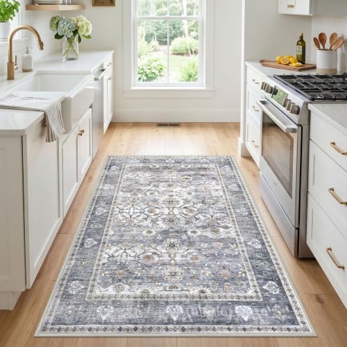 KUTA Vintage Area Rug 4x5 Washable Entryway Rug Grey Blue - Image 2