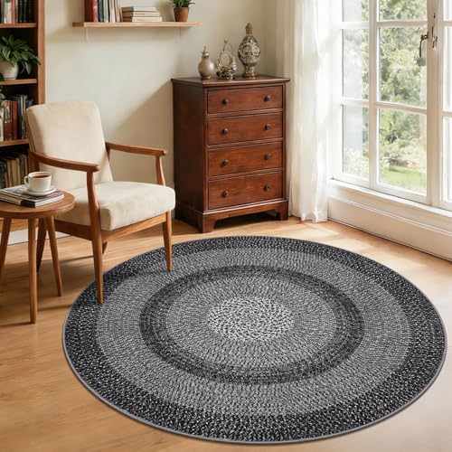RUGSREAL Modern Bordered Round Area Rug 4ft Washable Bedroom Circle Rugs by RUGSREAL