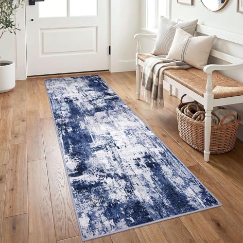 KOZYFLY Modern Runner Rug 2x6 Navy Blue Washable Kitchen Runner by KOZYFLY