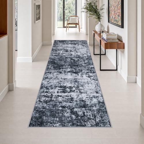 3x8 Washable Runner Rug：Modern Abstract Kitchen Carpet Black by FXRHLP