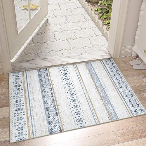 2x3 Washable Area Rugs for Living Room Boho Bathroom Rug Blue/Brown by BESTSWEETIE