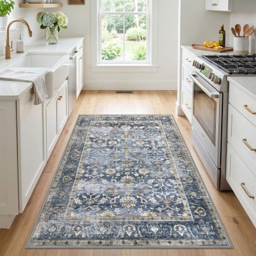 KUTA Vintage Area Rug 4x5 Washable Entryway Rug Blue Grey Beige - Image 2