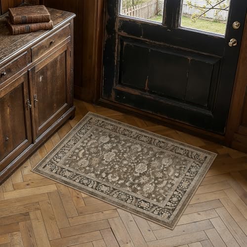 PureCozy Brown Small Entryway Rug 2x3 Vintage Floral Distressed - Image 2