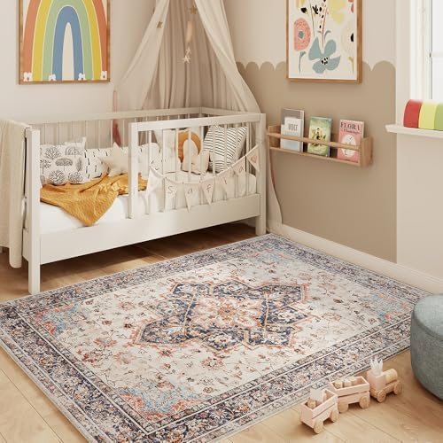 4x6 Beige Blue Orange Washable Area Rug by Unknown