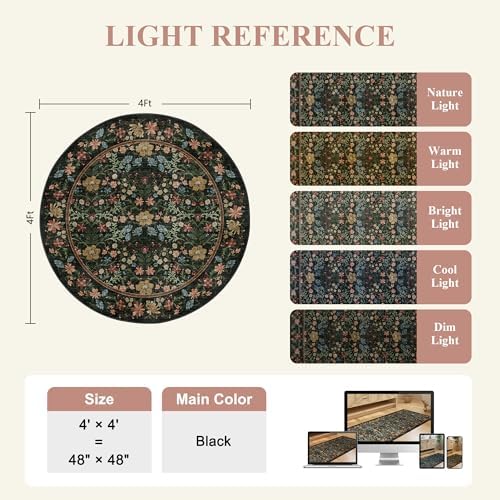 DUKINO 4ft Round Rug, Washable Vintage Floral Area Rug - Image 2