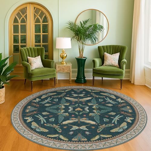 Washable Teal Round Rug 6ft, Non Slip Boho Carpet by HazoHaus
