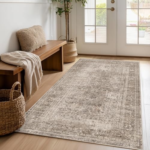 FMFUNCTEX 4x5 Washable Taupe Distressed Vintage Retro Area Rug by Fmfunctex