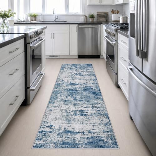 2.6x10 Washable Runner Rug:Modern Abstract Indoor Soft Carpet Blue - Image 5
