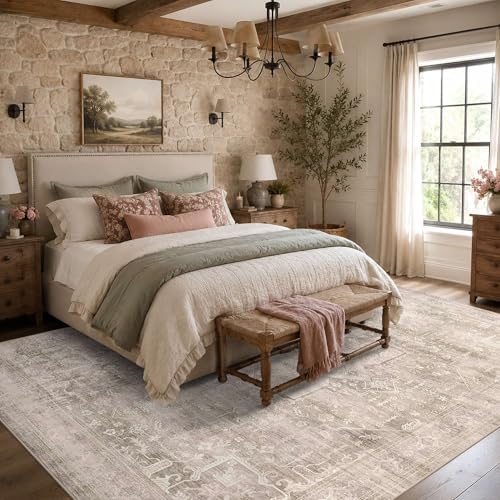 8x10 Washable Boho Area Rug, Light Beige Farmhouse - Image 3