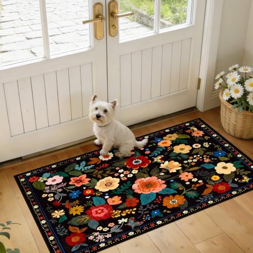 Floral Washable 2x4 Area Rugs Runner Entryway Hallway Black by RELEANY