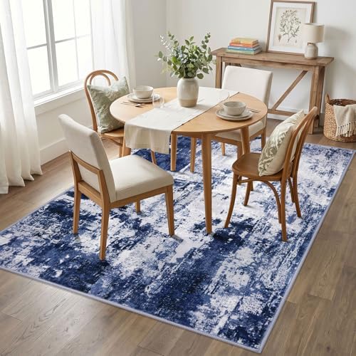 KOZYFLY Washable Modern Abstract Living Room Area Rug 5x7 Navy Blue/Grey - Image 2