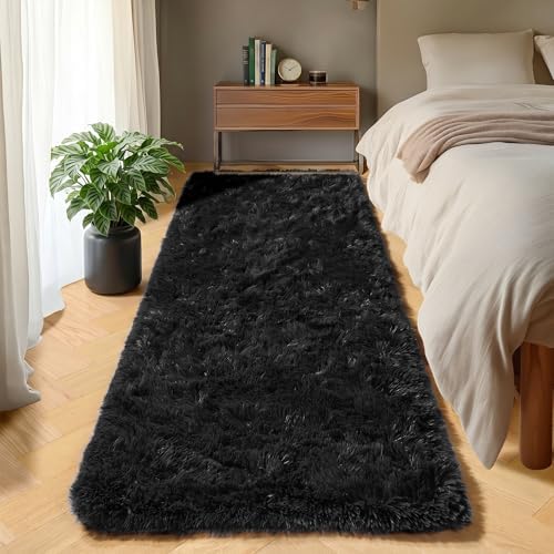 Black Runner Rugs for Bedroom Hallway, Fluffy 2x6 Bedside Soft Area Rug by ONASAR