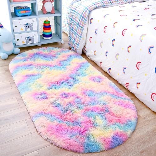 2x5 Rainbow Fluffy Soft Oval Rug Non-Slip by ModernHomeDecor