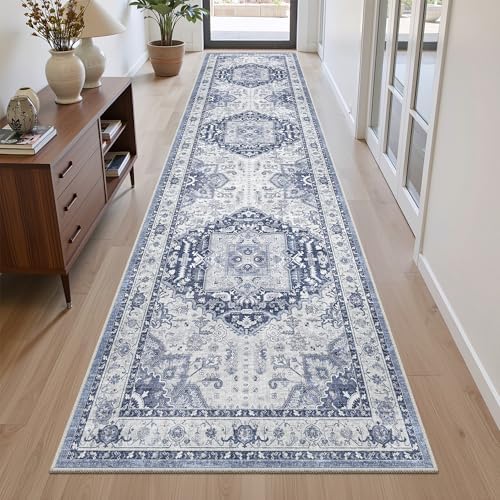 Hallway Washable 2.6x10 Runner Rug, Non Slip Vintage Kitchen Rugs Navy/Blue - Image 5
