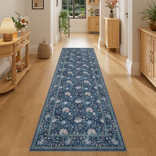 DUKINO 2x6 Runner Rug, Washable Vintage Floral Kitchen Rug, Dark Blue by DUKINO