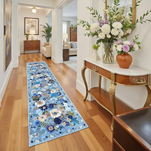 Blue Floral Hallway Runner Rug for Bedroom Kitchen - Image 7