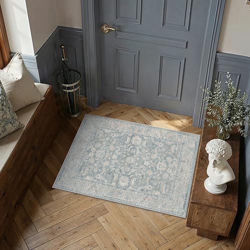 2x3 Blue Washable Area Rug Non Slip Retro Distressed Doormat - Image 3