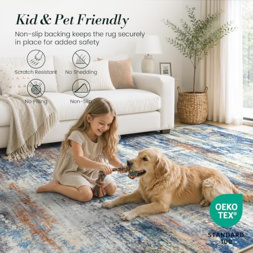8x10 Washable Area Rug for Living Room, Slate Blue and Terracotta - Image 6
