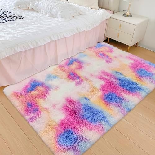 Small Fluffy Colorful Rug for Bedroom Girls 3x5 Kawaii Rainbow Tie Dye Area Rug - Image 2