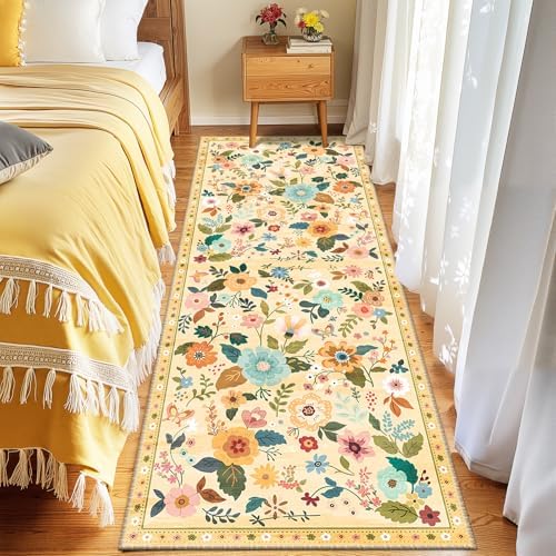 Floral Washable 2x6 Area Rugs Runner Entryway Hallway Yellow/Orange - Image 3
