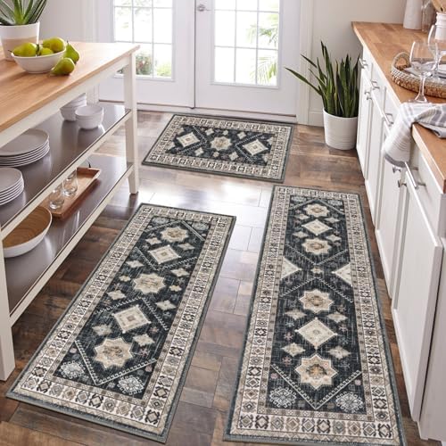 HEBE Boho Kitchen Rugs Set of 3, Non Slip Washable Kitchen Mats by HEBE