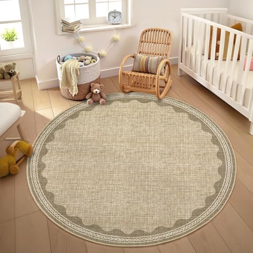 GarveeHome Scalloped Edge Circle Solid Tan Jute Digital Printing 5ft Round Rug - Image 2