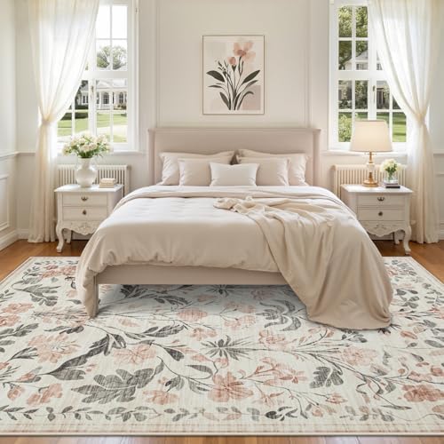 9x12 Area Rugs Boho Floral Washable Living Room Rug Neutral Carpet Bedroom - Image 3