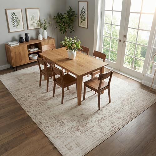 Washable Area Rug 6x9 for Living Room, Non-Slip Backing, Distressed Beige - Image 3