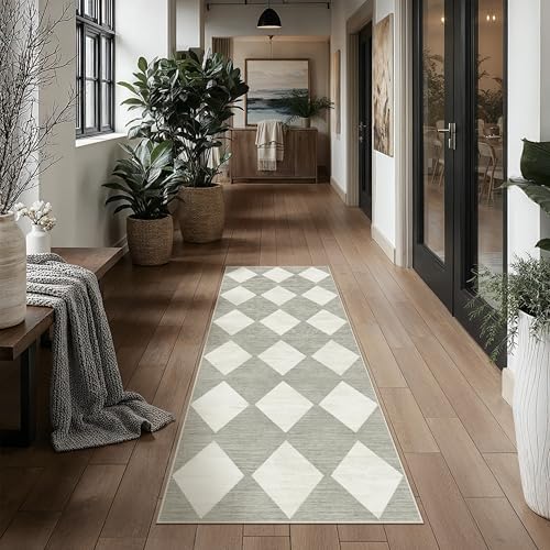 PureCozy Grey 2x6 Washable Runner Rug Kitchen Non Slip Checkered Carpet - Image 2
