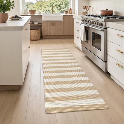 Rugalia Washable Woven Indoor Outdoor Runner Rug, 2x5 Natural Beige Striped - Image 5
