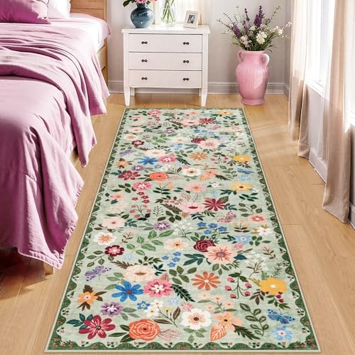 PLHXFR 2.6x8 Washable Runner Rug：Floral Indoor Kitchen Soft Carpet Green - Image 2