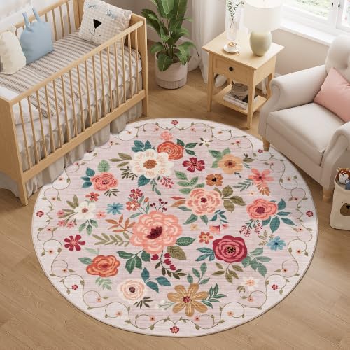 DUKINO 5ft Round Rug, Non Slip Floral Washable Small Circle Rug by DUKINO