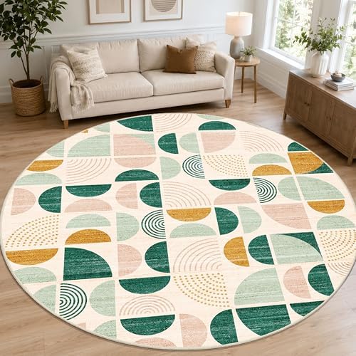 MUJOO Round Rugs 9ft, Circle Area Rug Washable Non Slip Modern Abstract by MUJOO