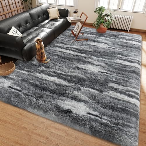 5x7 Shag Rugs for Living Room, Washable Abstract Grey by Ailyei