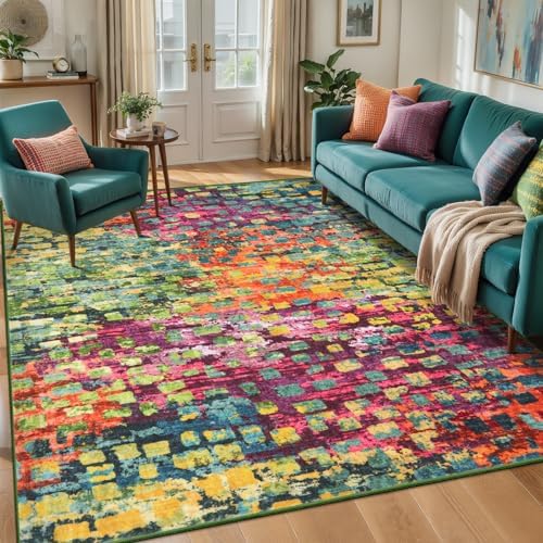 Colorful Abstract 4x6 Washable Rug, Modern Non Slip Rugs by Tangsoo
