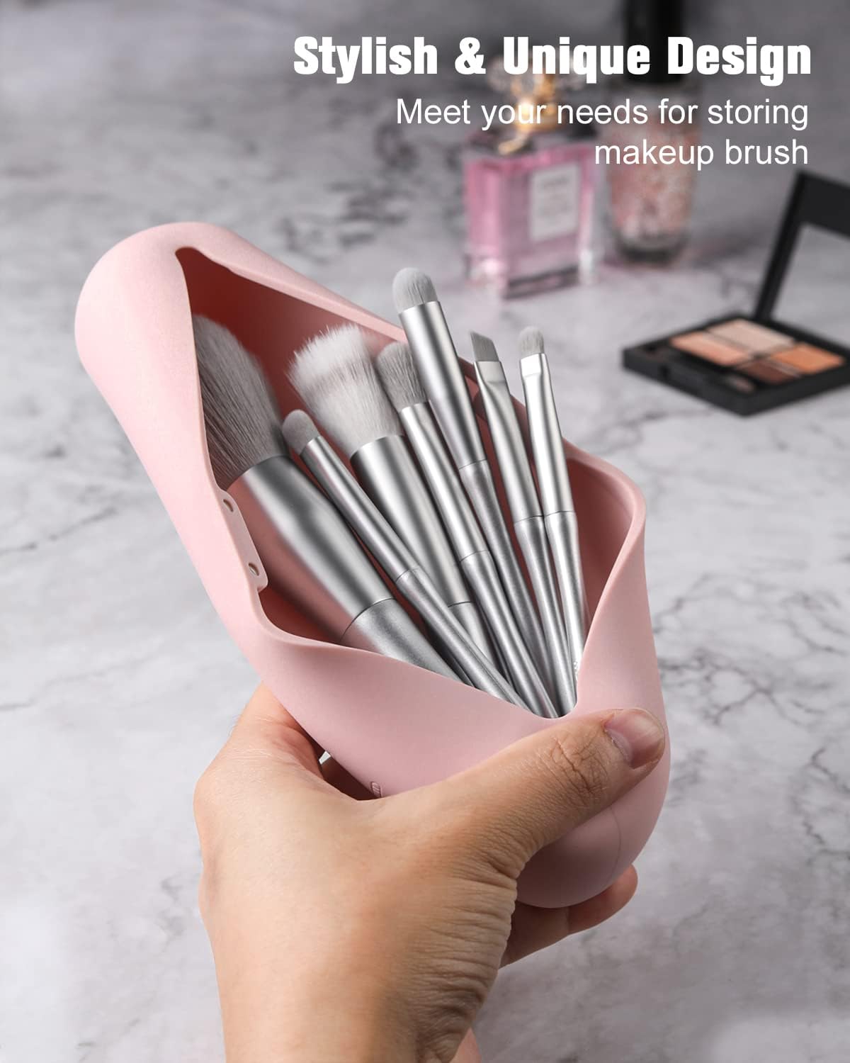 FERYES Travel Makeup Brush Holder, Magnetic Anti-fall Out Silicon Portable Cosmetic Face Brushes Holder, Soft and Sleek Makeup Tools Organizer for Travel-Pink