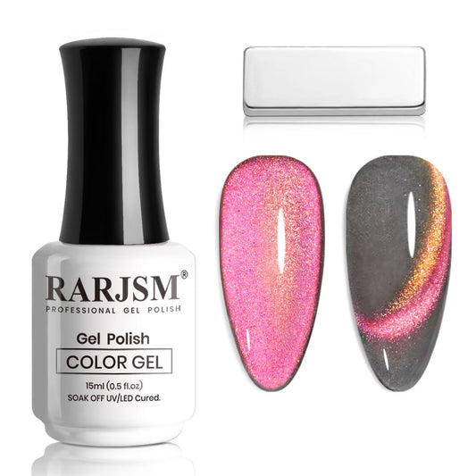 RARJSM Cat Eye Gel Nail Polish Aurora Orange Purple Multi Color Velvet Diamond Cateye Gel Polish with Magnet Stick Reflective Shimmer UV LED Curing Requires Soak Off for Home Salon Manicure 15ml