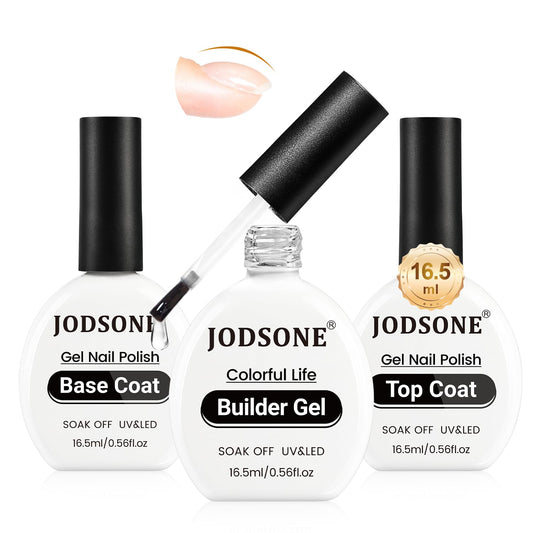 JODSONE 3Pcs 16.5ml Top Coat And Base Coat Set with Builder Gel No Wipe Top Coat Base Gel Builder for Thickening Strengthener Building Extension Need U V Lamp Cured