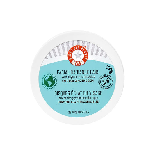 First Aid Beauty - Facial Radiance Pads with Gycloic & Lactic Acids – Daily Exfoliating Pads with AHA that Help Tone & Brighten Skin – Makeup Routine Prep - Compostable for Daily Use – 28 Count