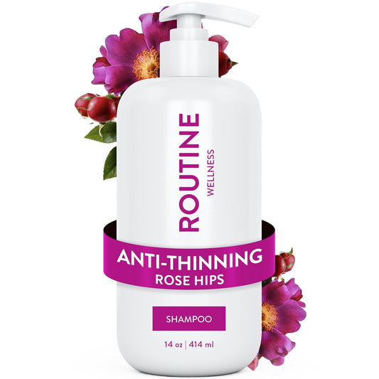 Routine Wellness Anti-Thinning Shampoo for Thinning Hair - Biotin DHT Blocker Women & Men - Color Safe Shampoo for Hair Loss & Healthy Hair - Rose Hips - 14oz